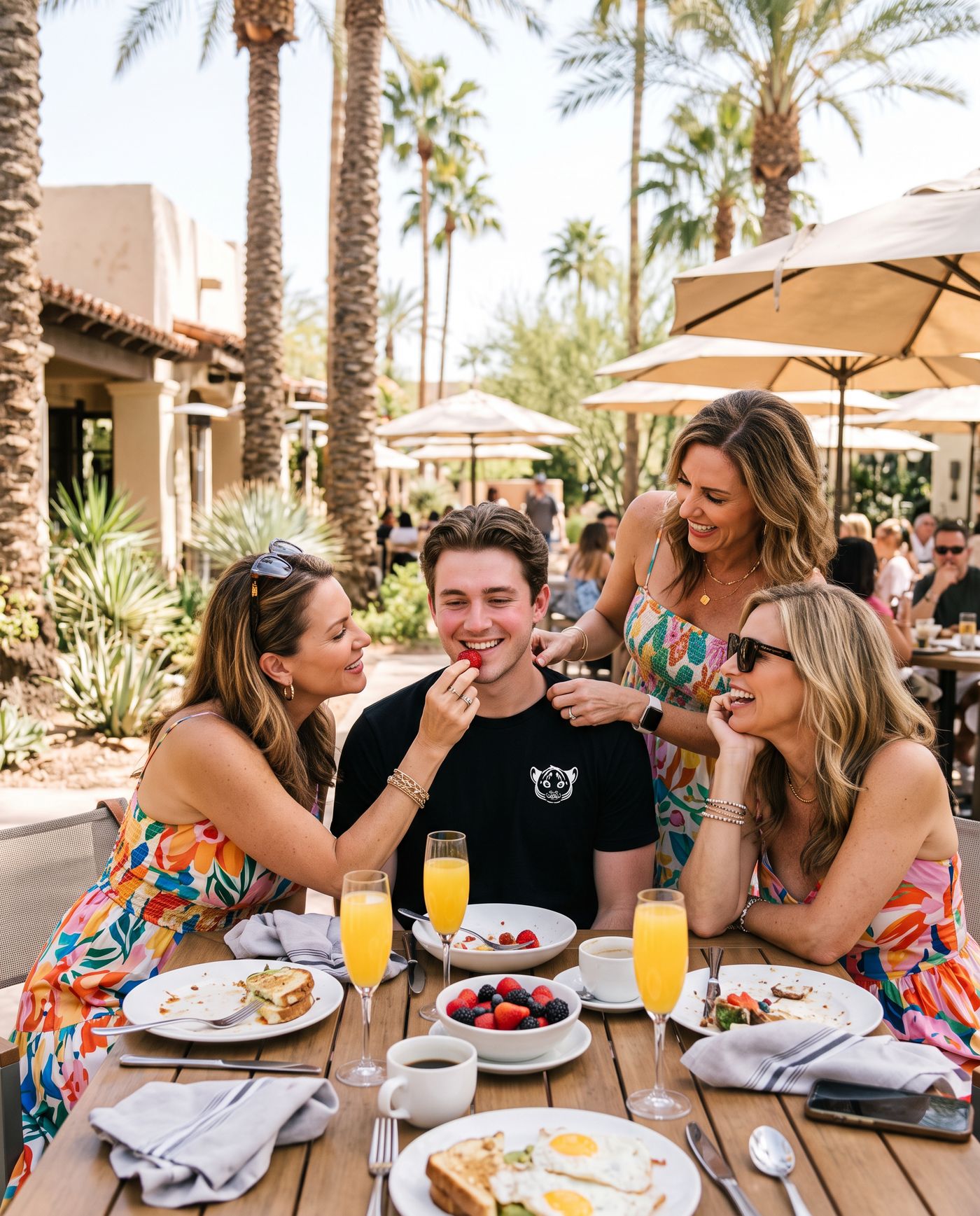 Three women flirting with a young man in a Cub Tee at brunch