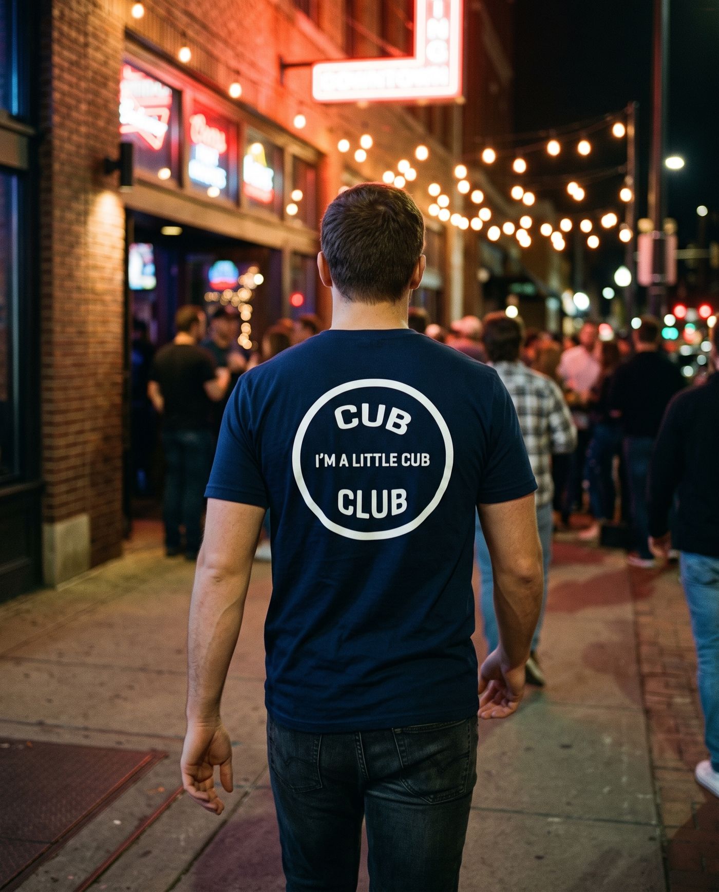 Cub Club back print walking into a bar