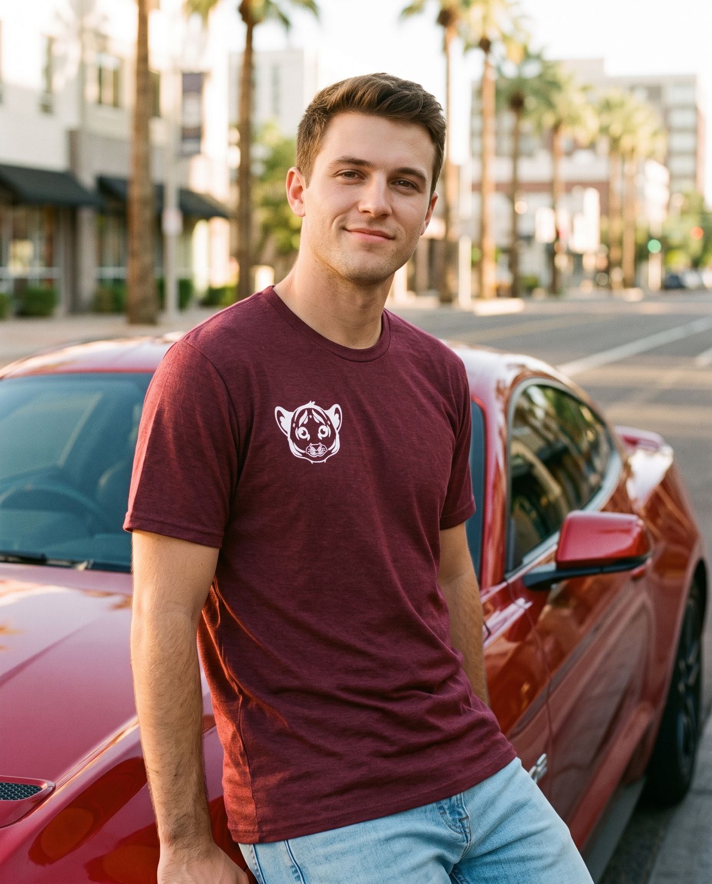 The Cub Tee in maroon with chest logo