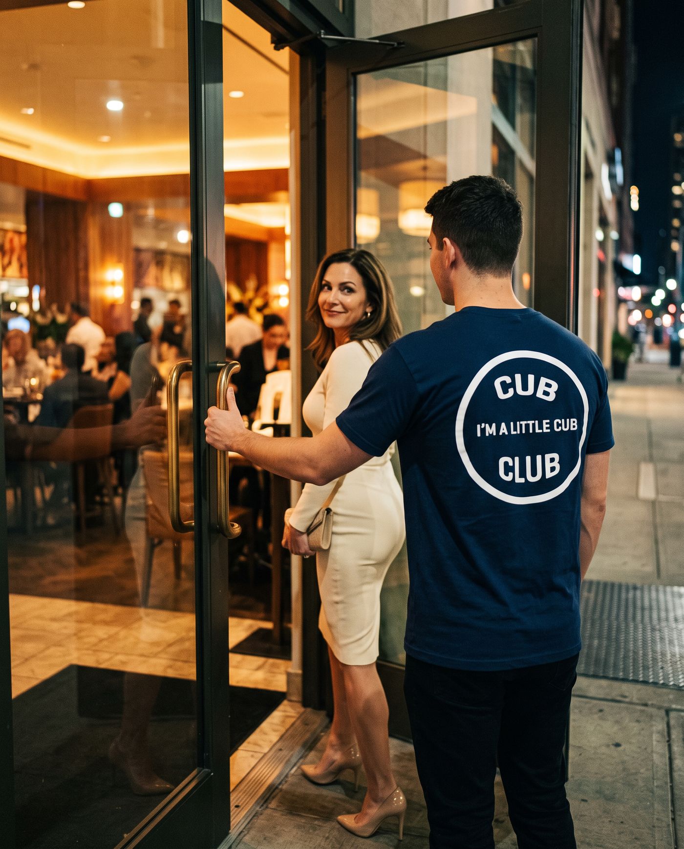 Holding the door in the Cub Club tee