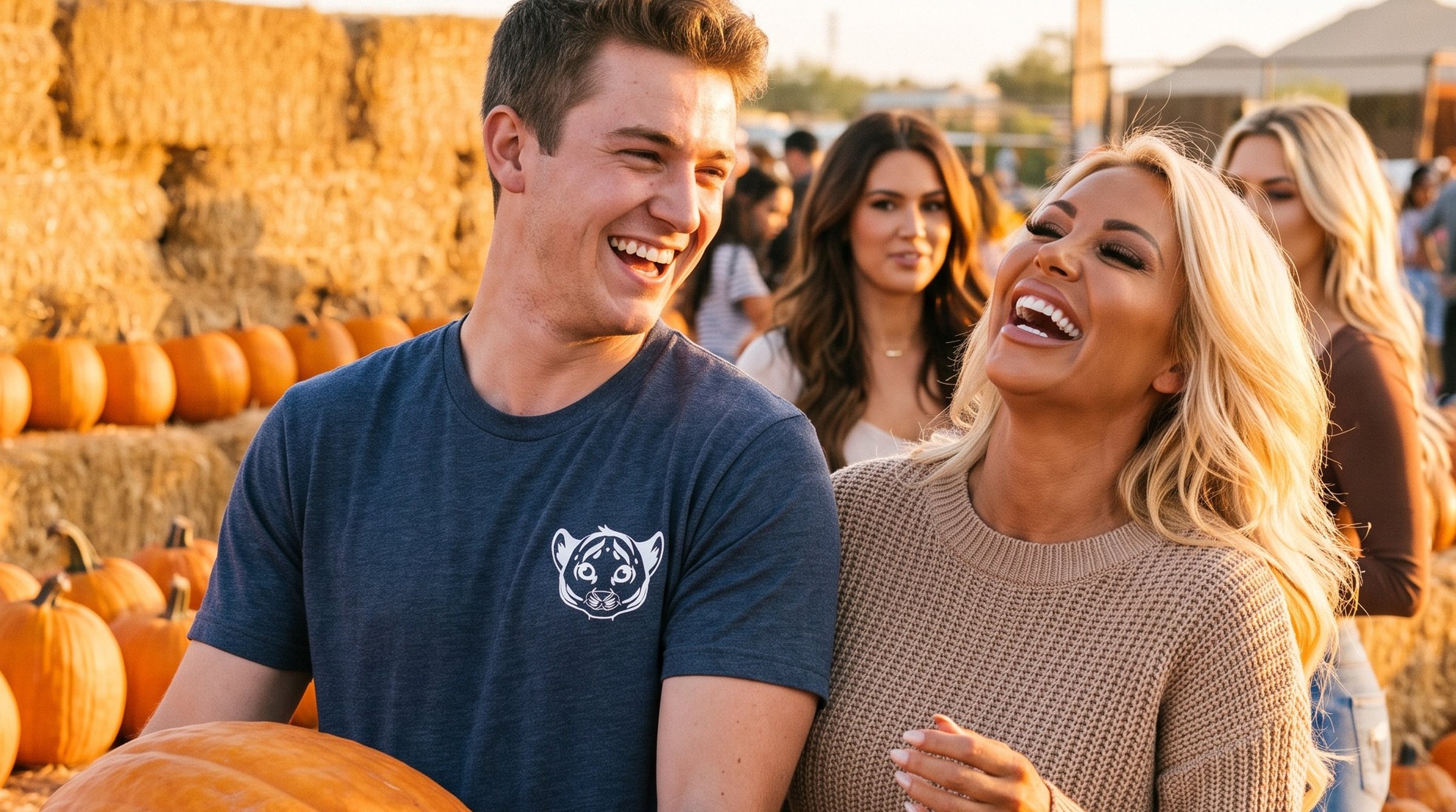 Laughing at the pumpkin patch in the Cub Tee