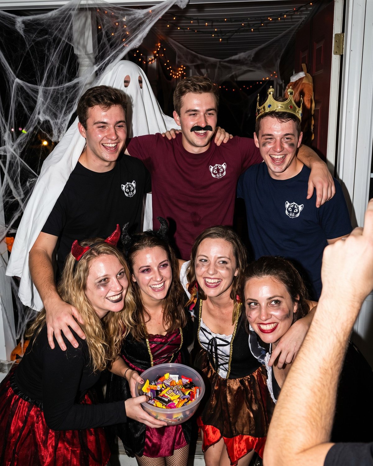 Halloween house party group photo, three guys in Cub Tees with lazy costumes