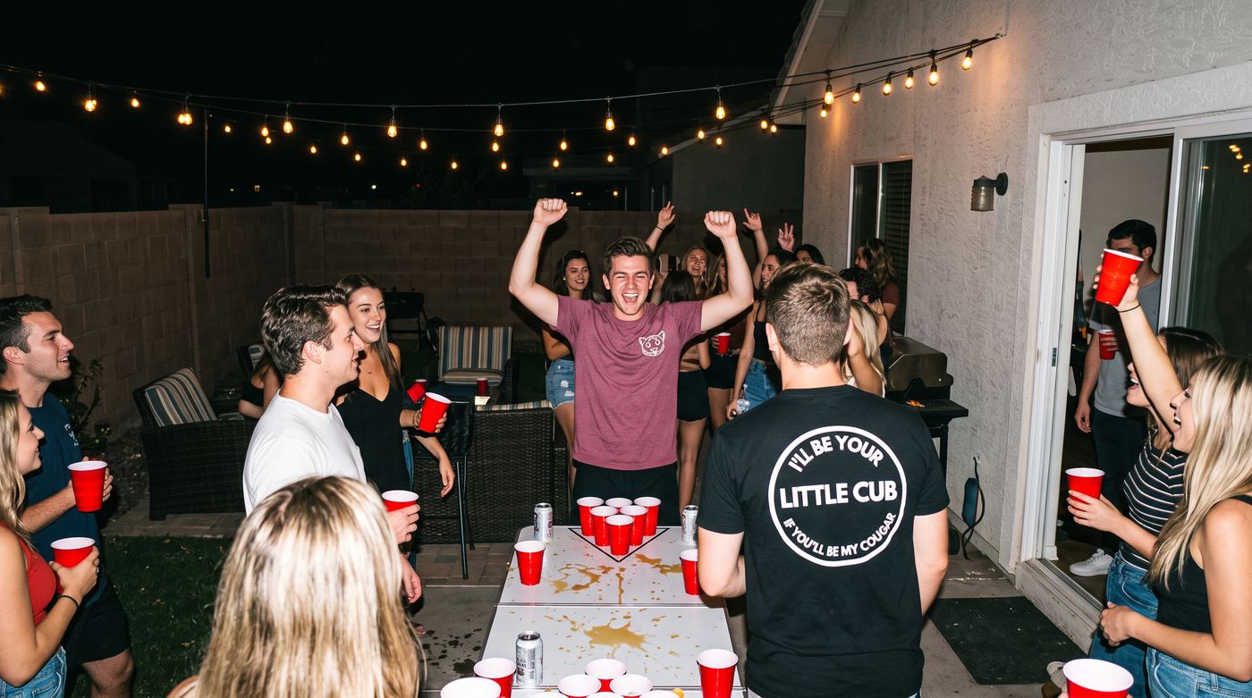 Backyard party, beer pong win in a Cub Tee