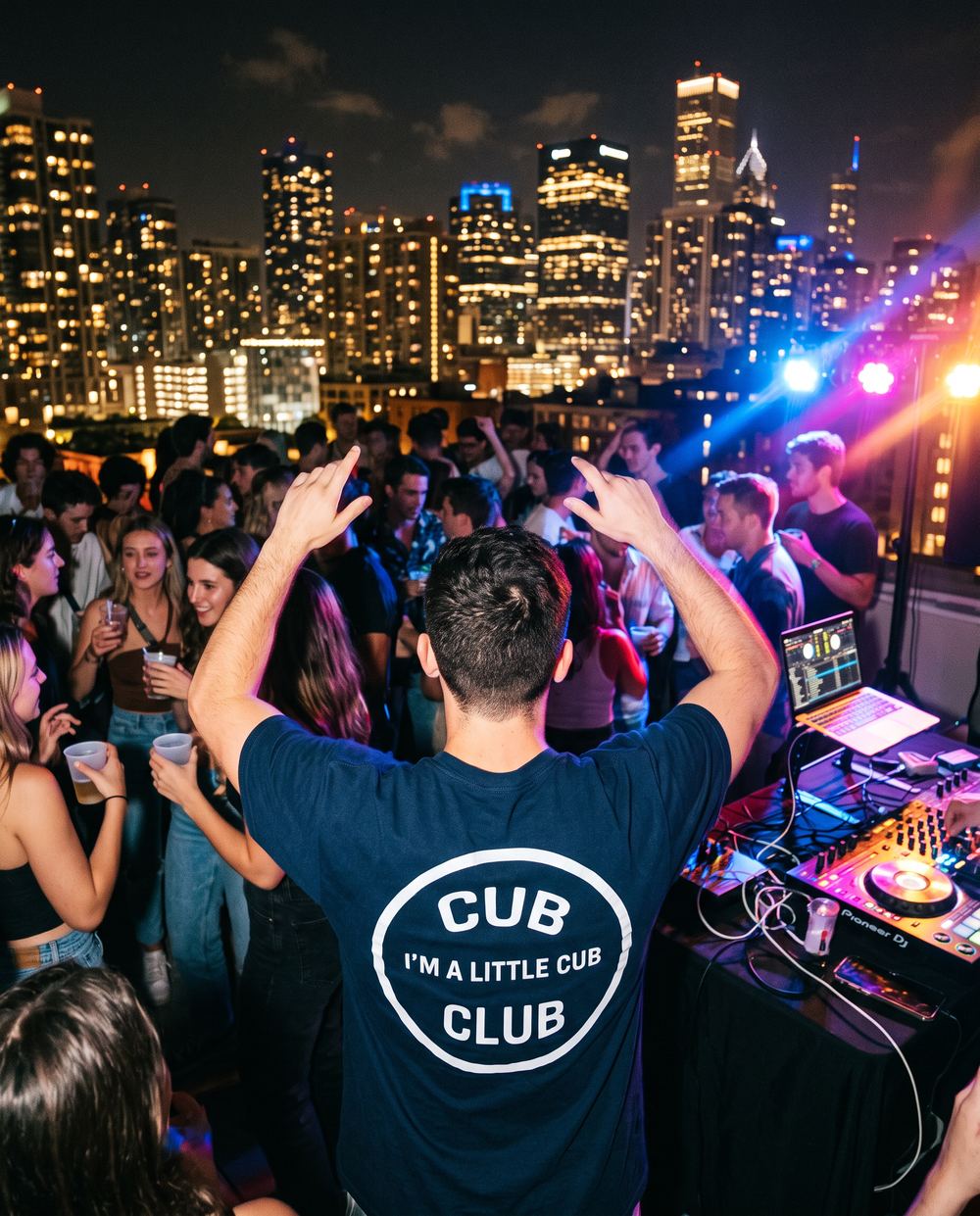 Rooftop party, Cub Club back print in the crowd