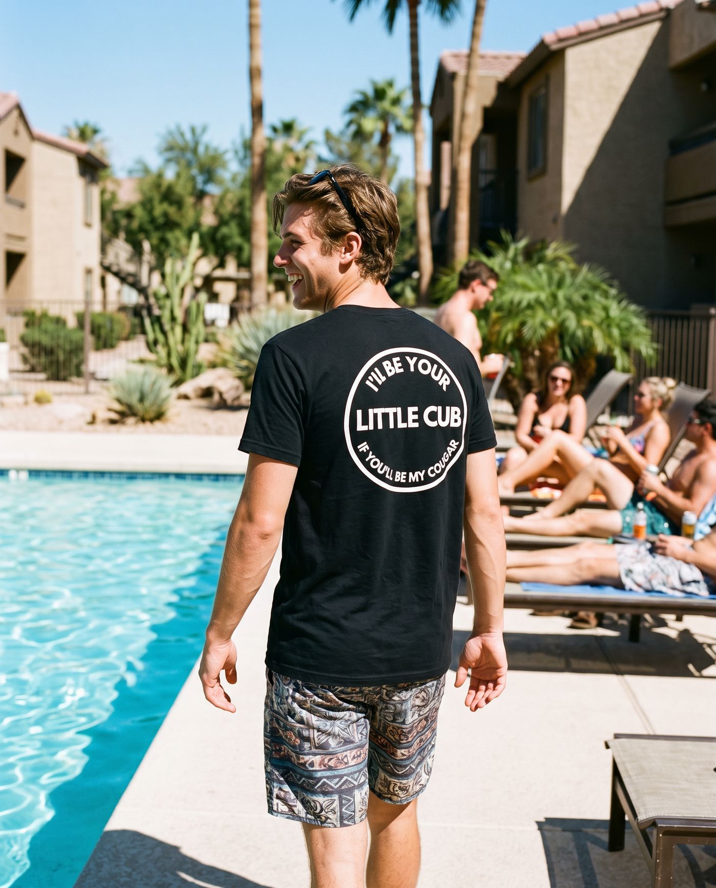 I'll Be Your Little Cub back print at a pool party