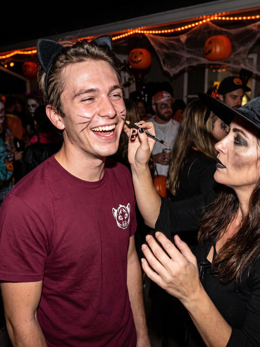 Getting cat whiskers drawn on at a Halloween party in the Cub Tee